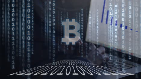 símbolo de bitcoin sobre codificación binaria contra el hacker usando la computadora
