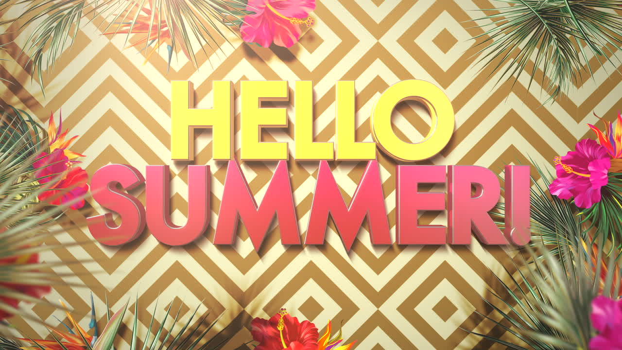 Hello Summer on gold geometric pattern with retro flowers