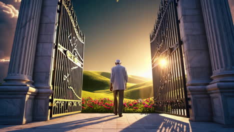 elderly man's spiritual journey towards heavenly gates and a bright horizon
