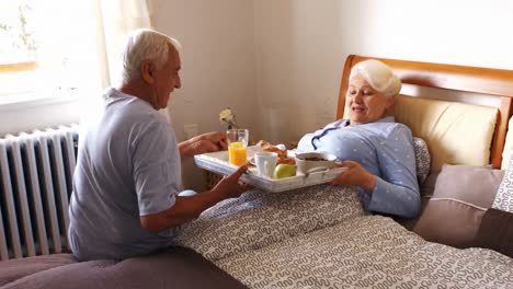 senior man serving breakfast to senior woman