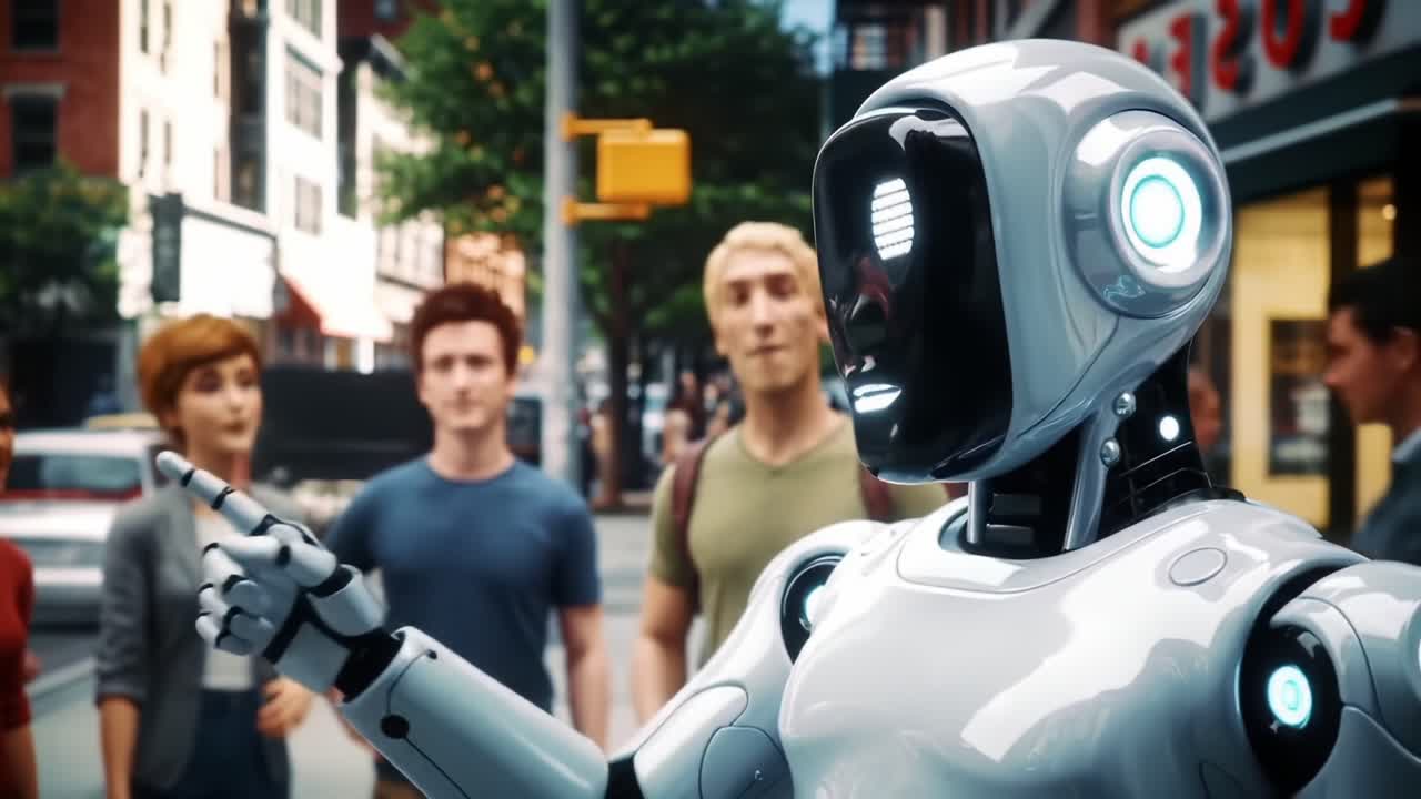 A futuristic robot interacts with a captivated audience in an urban setting, highlighting the fusion of technology and human curiosity in a vibrant, modern environment
