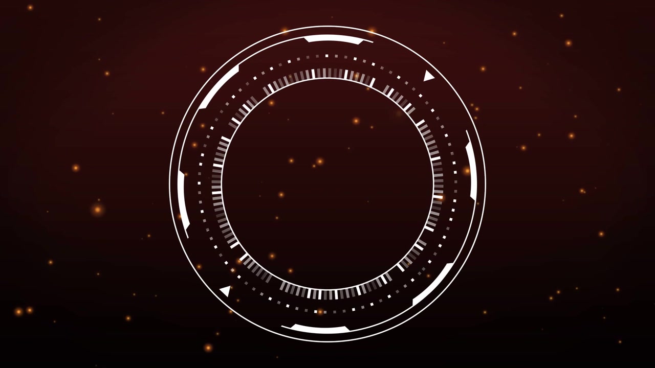 HUD che appare all'avvio, con anelli concentrici e tacche che ruotano, mostrando lo stato tecnologico con scintille ambrate.
