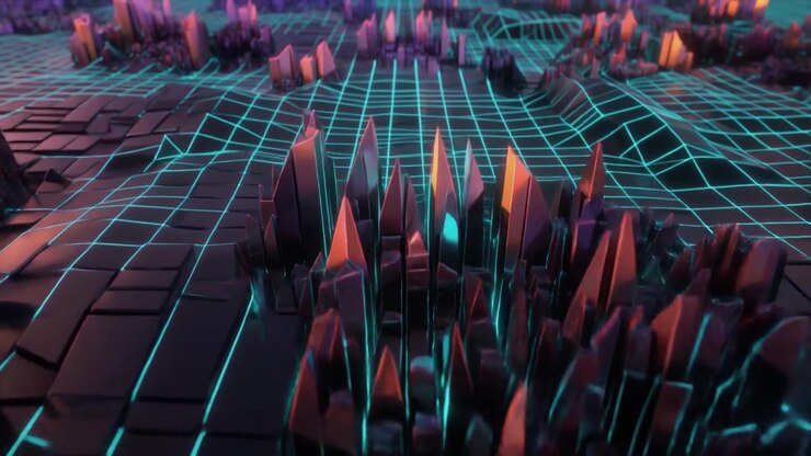 Abstract Digital Landscape with Glowing Neon Grid and Geometric Structures