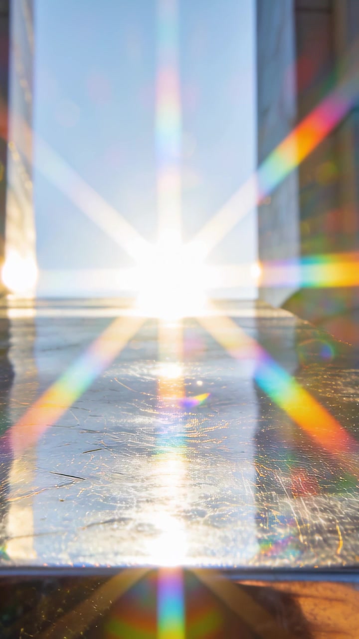 Vertical video: Aligning sun creating starburst and running down low table near window, rainbow