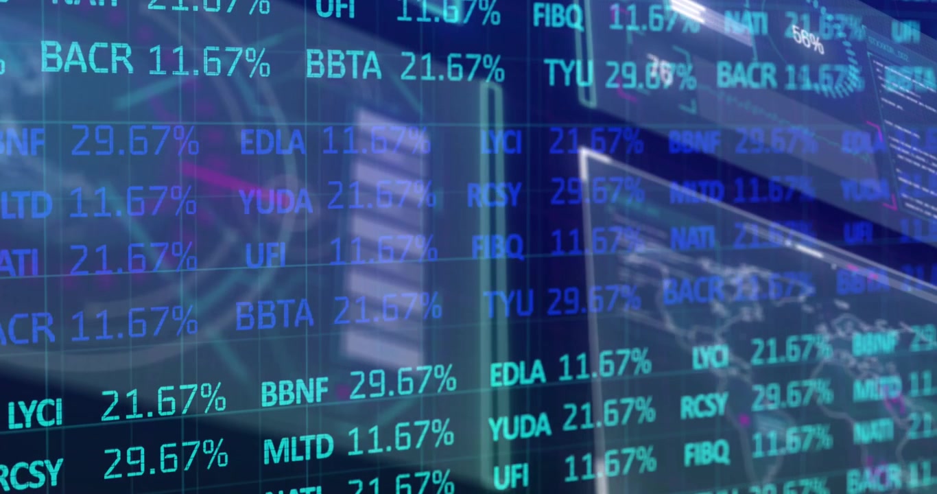 Animation of digital screen with financial data and graphs