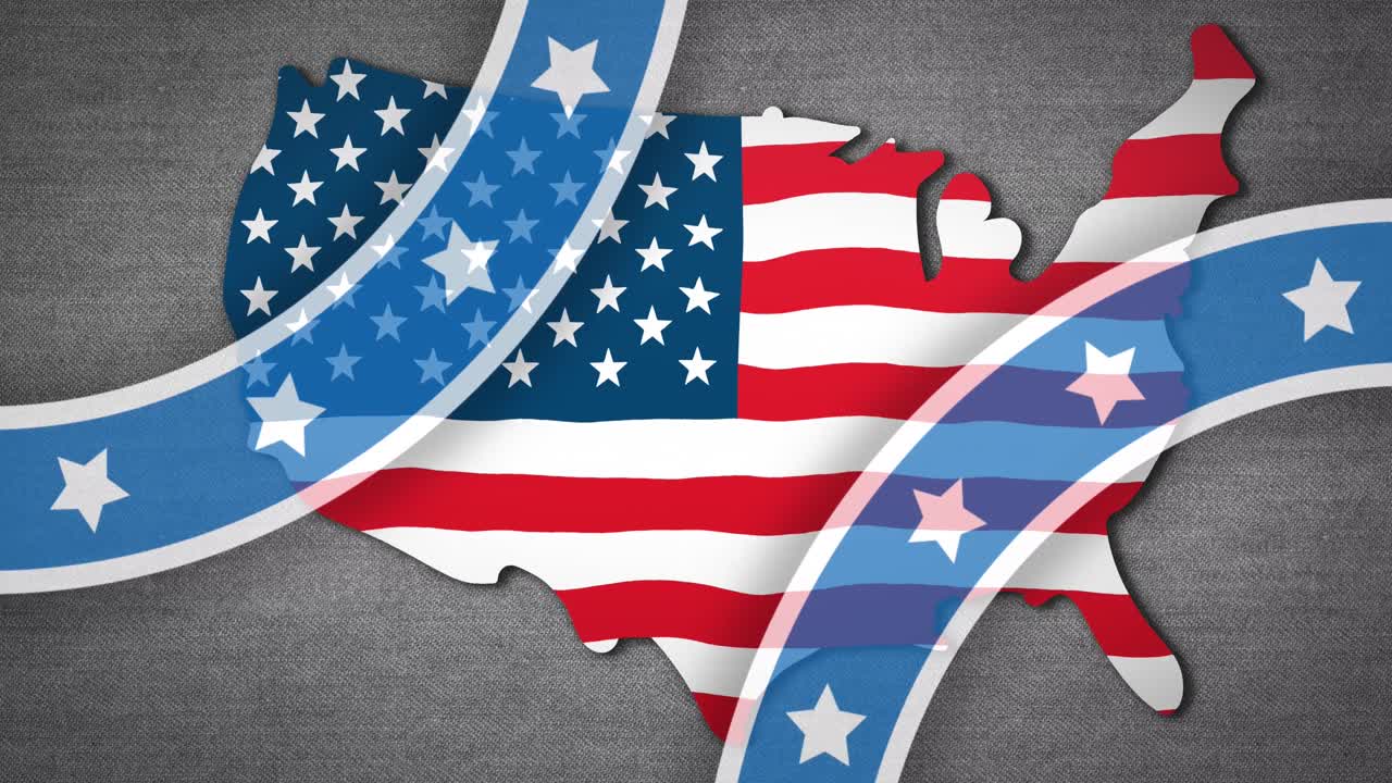Animation of blue shapes with white stars over usa map on grey background