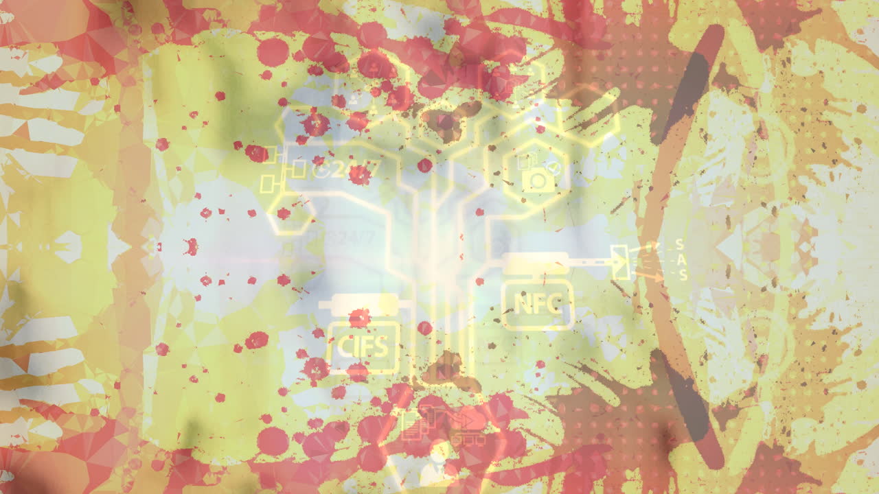 노란색 배경 위에 디지털 아이콘으로 연결 네트워크의 애니메이션