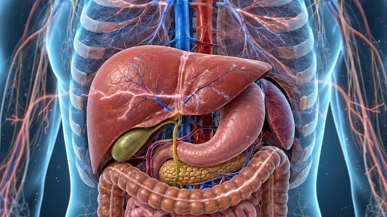 Transparent human torso showing liver stomach and intestines in detailed medical render