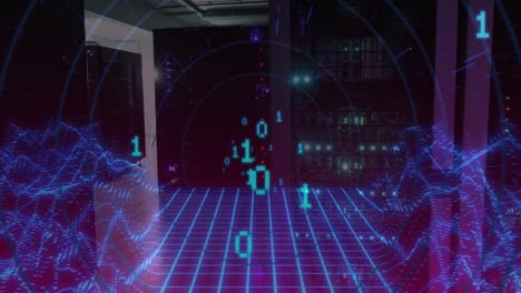 animation of binary code over digital space and servers