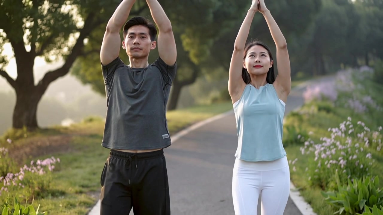 Hai người lớn đang đi bộ khởi động với các động tác vươn vai đồng bộ dọc theo lối đi lát đá trong công viên, trong trang phục tập luyện.