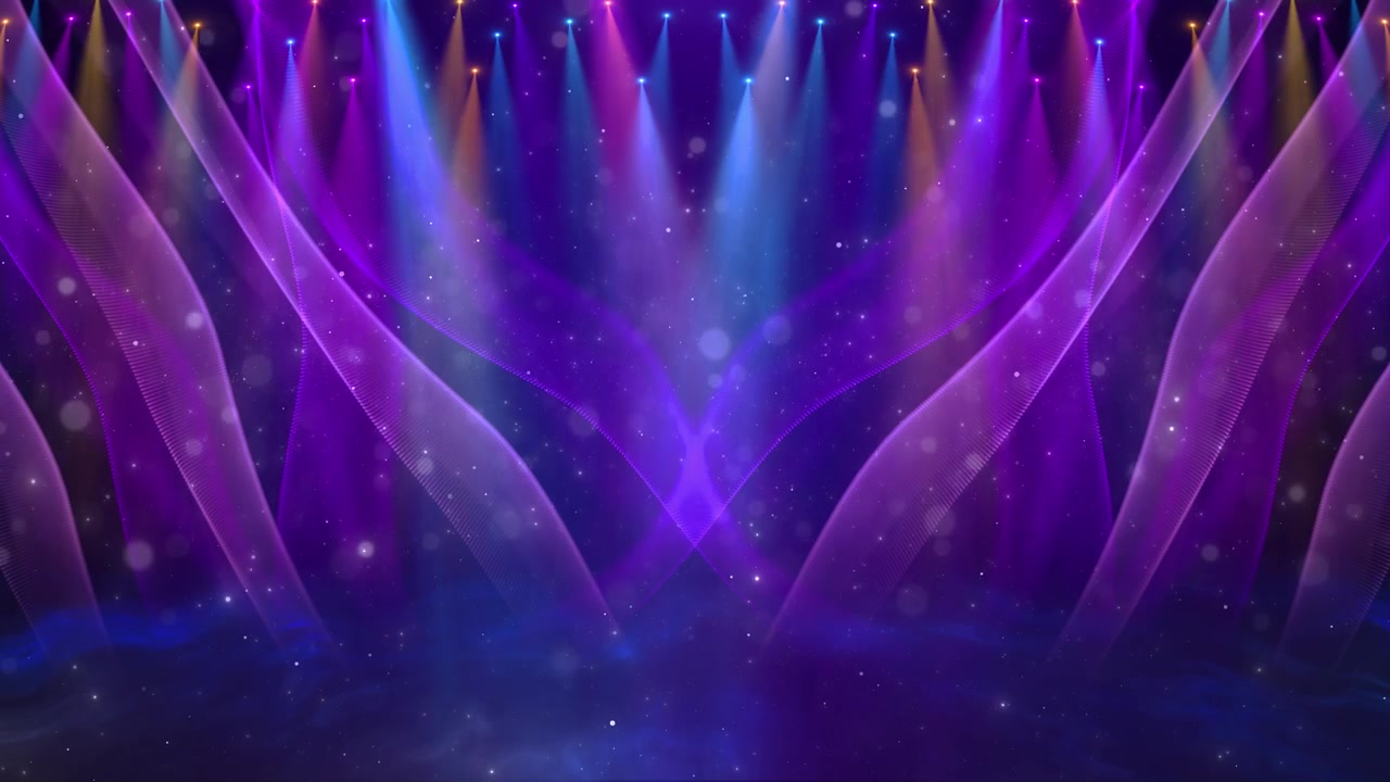 Colorful concert spotlight background purple waves blue beams floating particles stage atmosphere