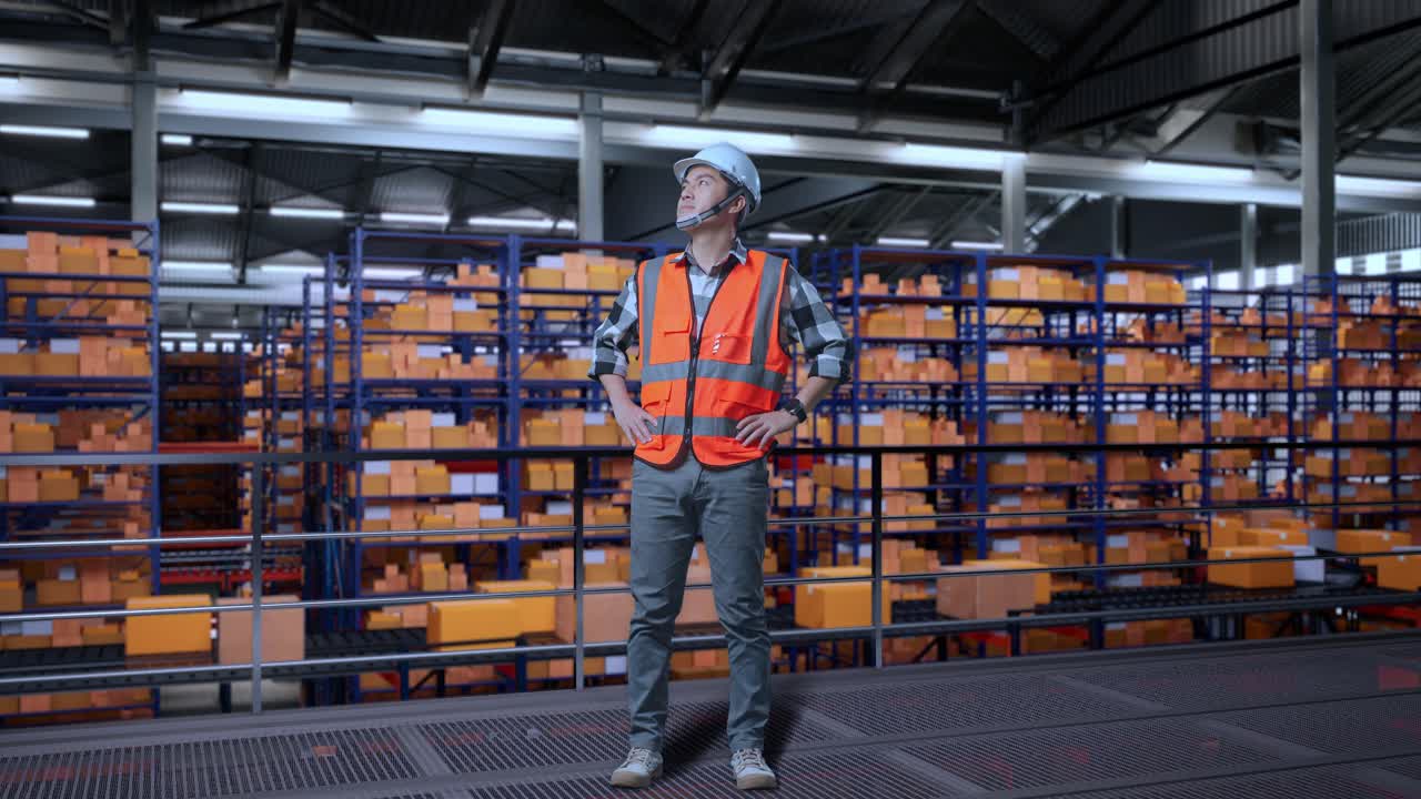 Full Body Of Asian Male Engineer With Safety Helmet In The Warehouse With Shelves Full Of Delivery Goods. Standing With Arms Akimbo Looking Around, Checking The Stock On Racks