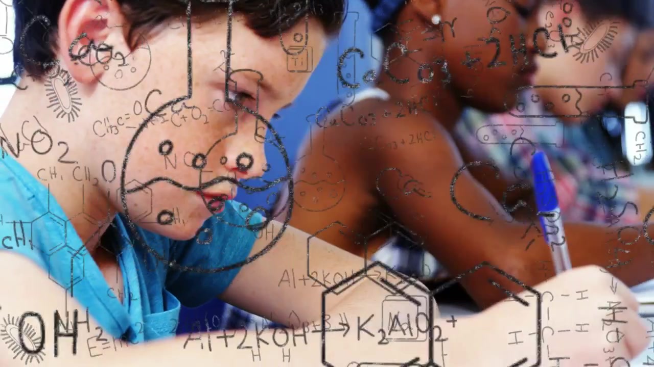 Camera shifting leftward, left boy writing with blue pen while science diagrams growing for school