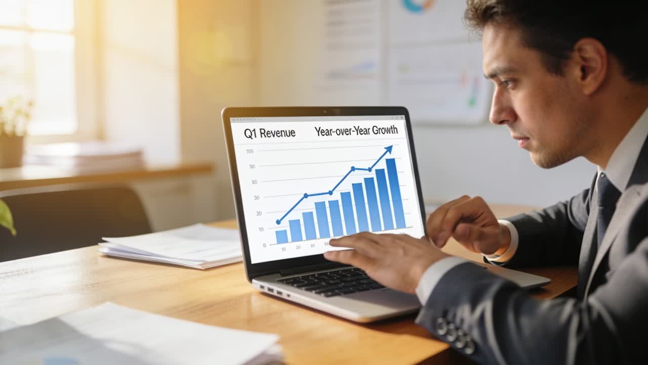 Noticing Q1 Revenue rise, executive suit leaning, typing on laptop at desk, analyzing, copy space