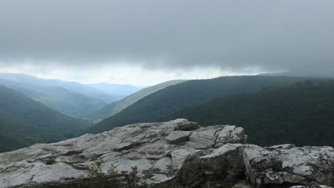 Low-clouds-pass-over-the-Red-Creek-Valley,-as-seen-from-the-Rohrbaugh-Cliffs-in-the-Dolly-Sods-Wilderness,-part-of-the-Monongahela-National-Forest-in-West-Virginia