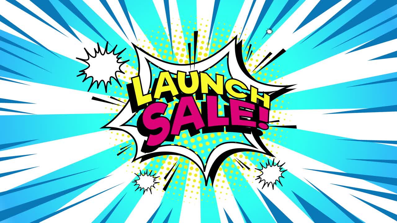 una explosión de cómics animados revelando una vibrante venta de lanzamiento.