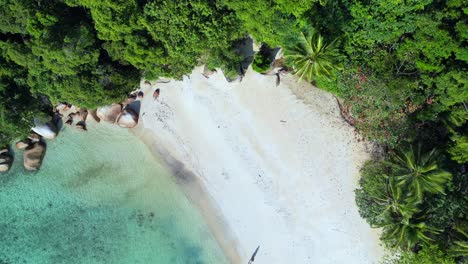 Tropisches-Paradies-Abgeschieden-Ruhig,-Sandstrand-Neben-üppigen-Wald-Klares-Blaues-Wasser