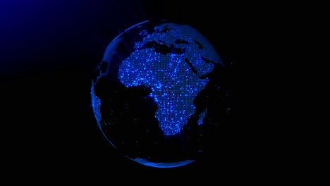 bucle de animación continua de tierra azul giratoria formada por partículas que brillan y emiten rayos de luz