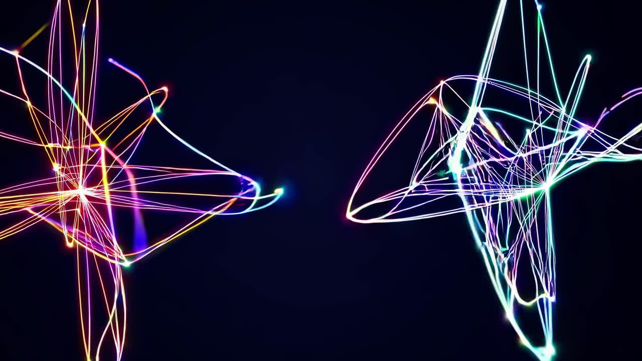 Abstract network of colorful lines and dots transforming dynamically, weaving vibrant interconnected shapes across dark cosmic background, suggesting intricate quantum energy visualization