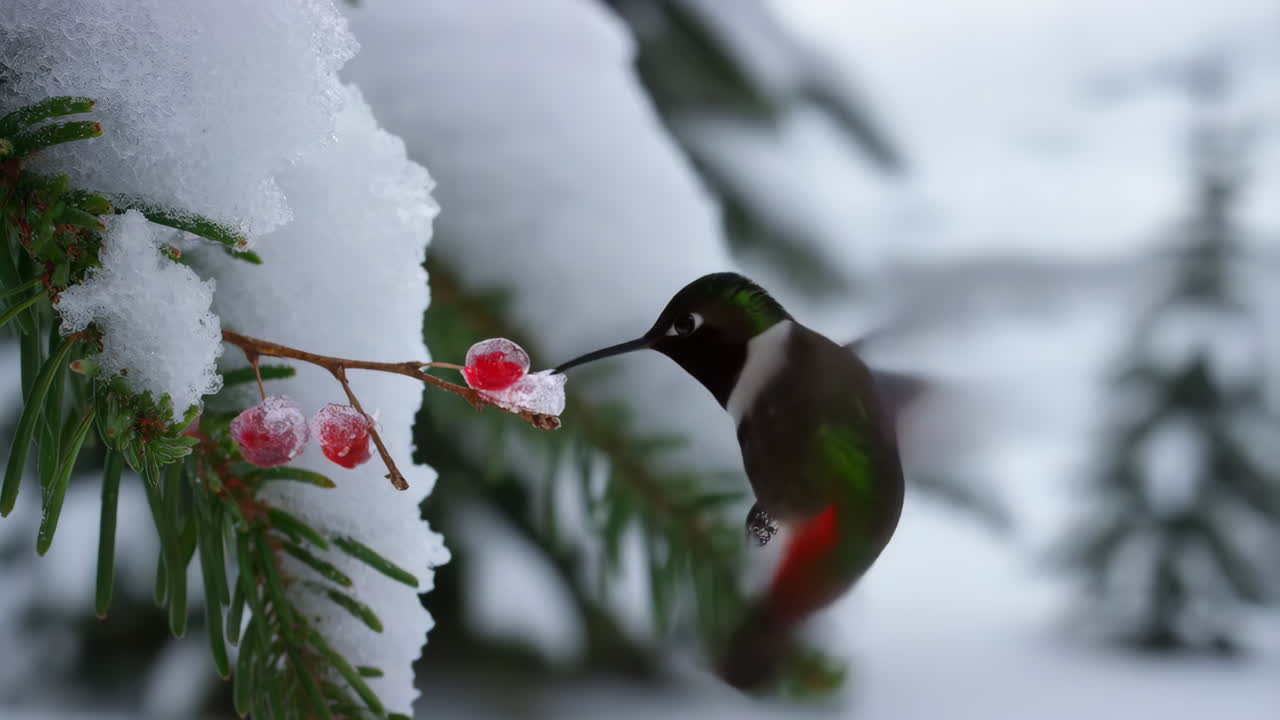 Hummingbird at Snow-Covered Berries in Winter