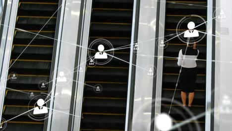 animación de la red de iconos de perfil sobre la vista trasera de la mujer de negocios en la escalera mecánica en la oficina moderna.