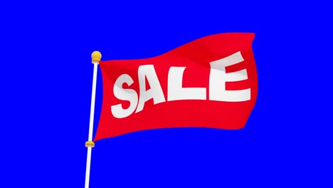 waving red sale flag on blue chroma key background.