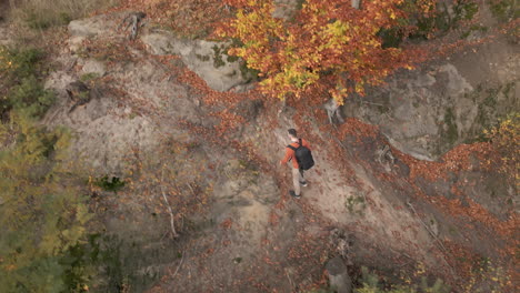 tourist photographer walking in forest and taking photo, drone tracking view