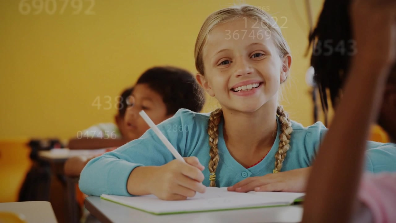 Girl studying in classroom, activating numeric overlays swirling then receding before smiling