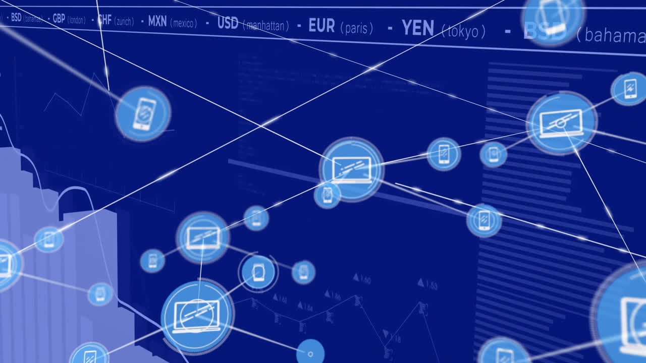 Animation of financial data processing over network of connections with icons