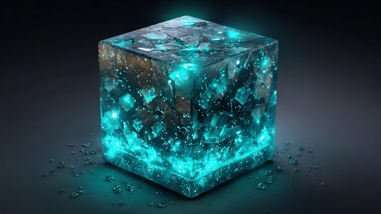 Mysterious ice cube containing glowing blue particles and pulsating with an otherworldly energy, representing an unknown power source or advanced technology on a dark, reflective surface