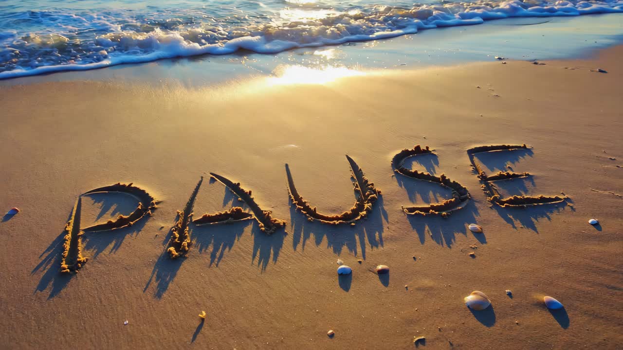 Pause Written in Sand on a Beach
