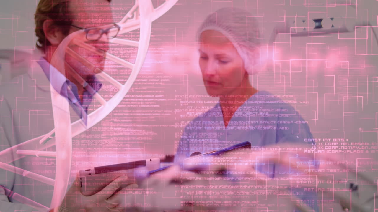 animación de la cadena de adn y procesamiento de datos sobre un médico caucásico masculino y femenino con tableta
