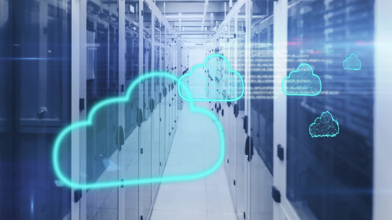 Cloud computing animation over servers in data center