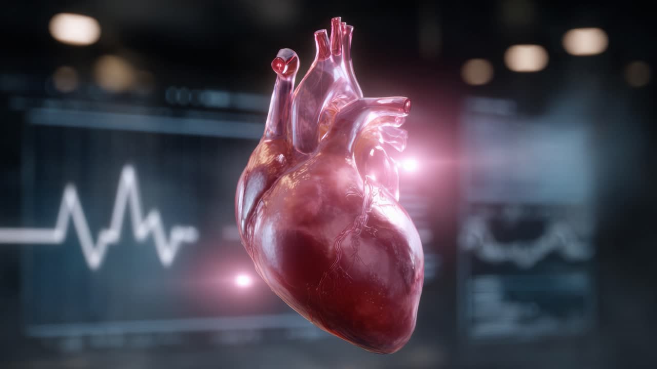 An Anatomical Exploration of a Realistic Human Heart in Medical Visualization, Showcasing its Complex Structure and Function Amongst Digital Health Metrics