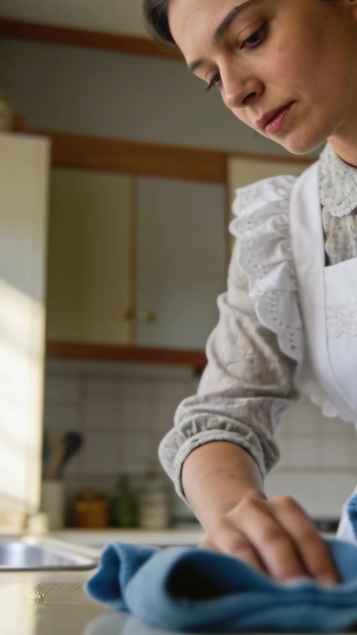 Video verticale: Donna con grembiule bianco che inizia a pulire al lavello della cucina con un panno blu.