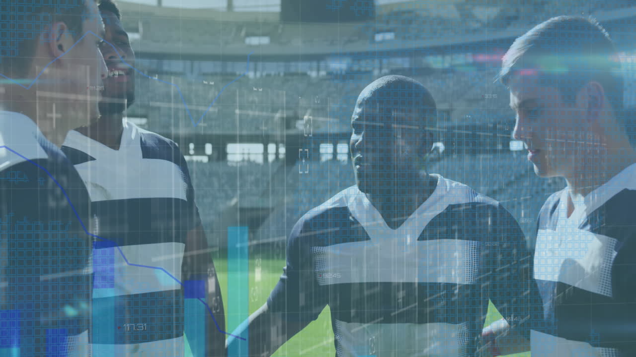 animación de estadísticas y procesamiento de datos sobre jugadores de rugby en estadios deportivos