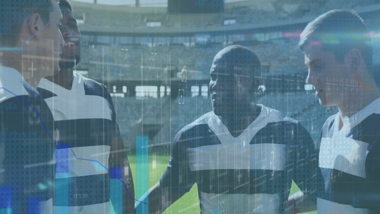 Animation of statistics and data processing over rugby players on sports stadium