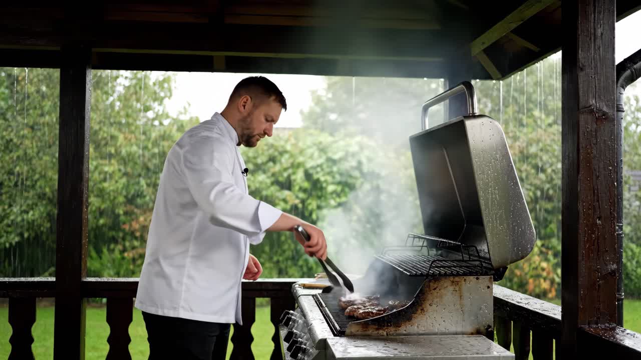 Chef Grilling Meat Outdoors in the Rain
