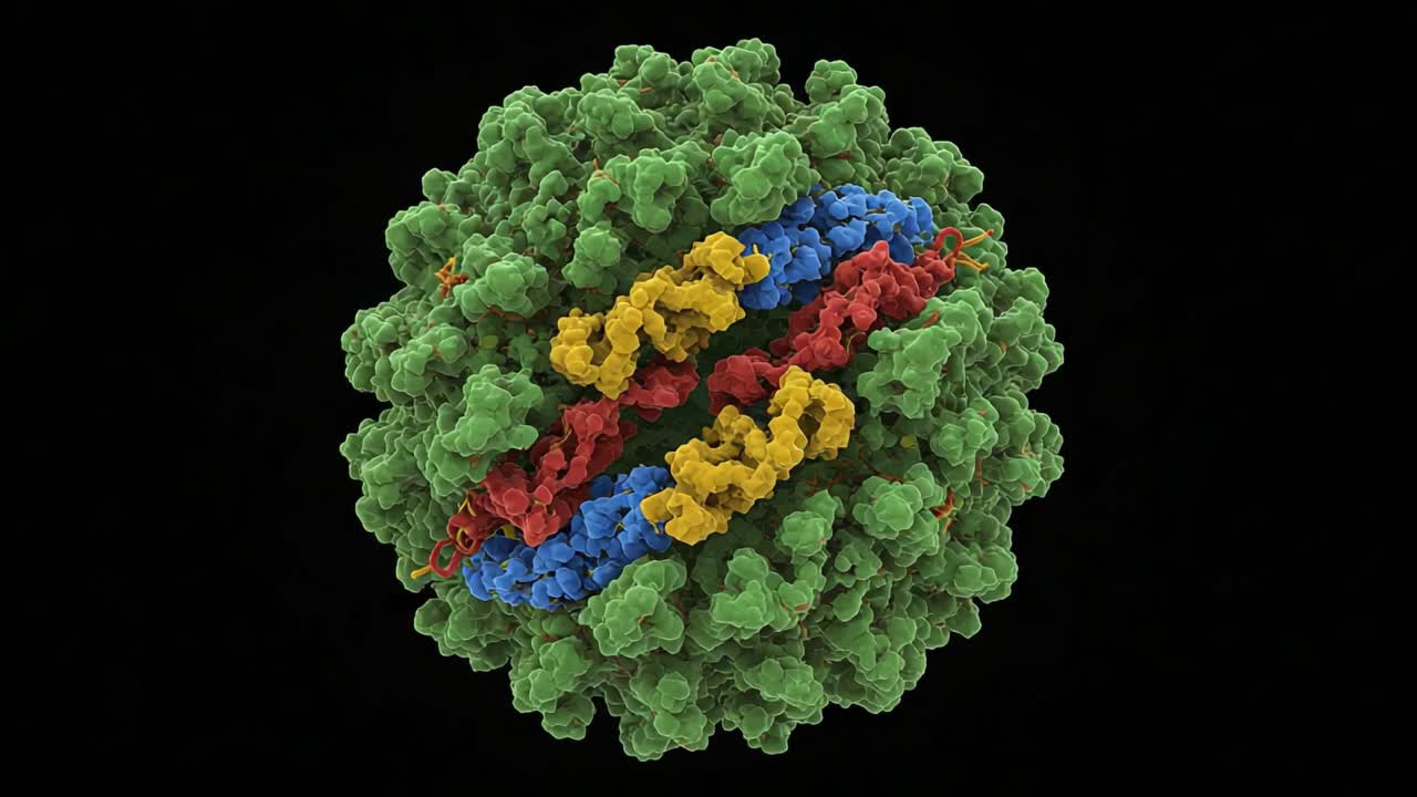 Detailed Visualization of a Virus Structure with Colorful Protein Coats Highlighting Complex Molecular Interactions and Arrangement of Genetic Material