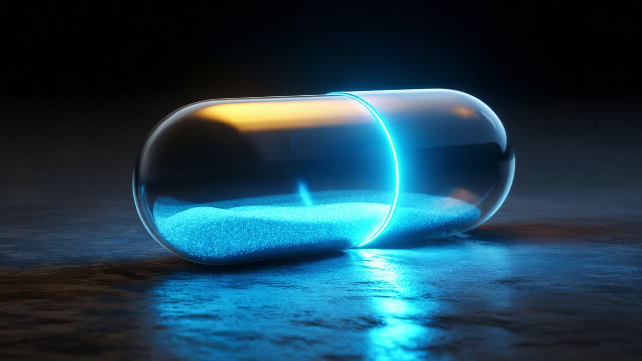 A visually striking capsule illuminated with a soft blue glow sits on a textured surface, symbolizing modern pharmaceutical advancements and the quest for health and wellness