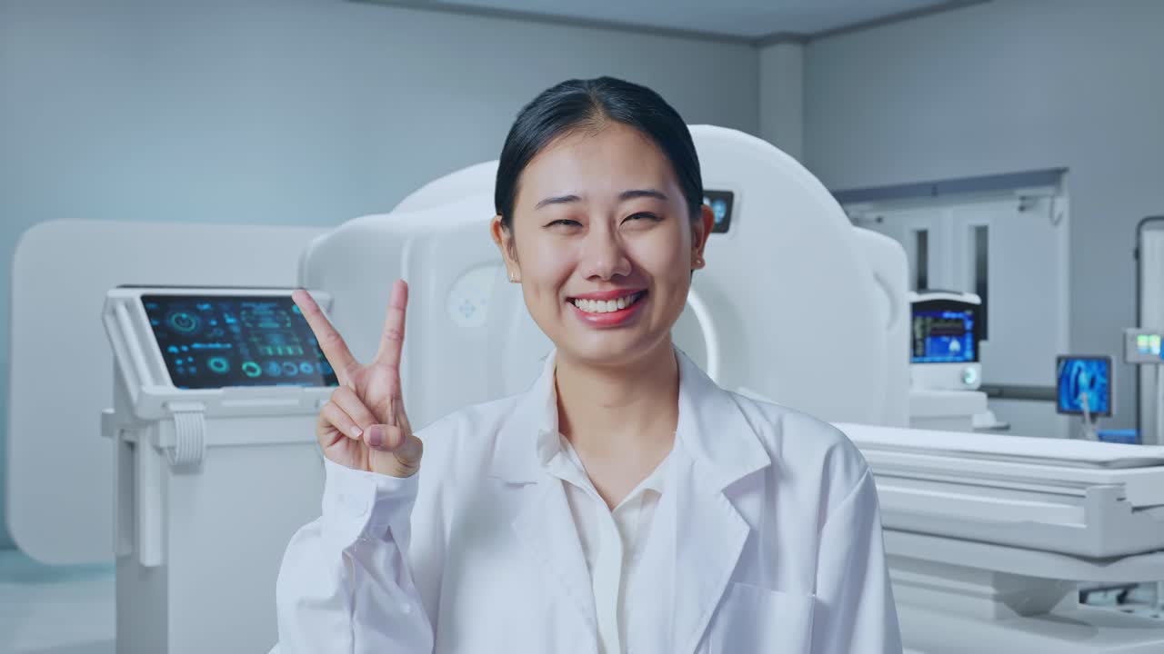 Close Up Of Asian Woman Doctor Showing Gesture Peace And Smiling With Mri Machine In The Hospital
