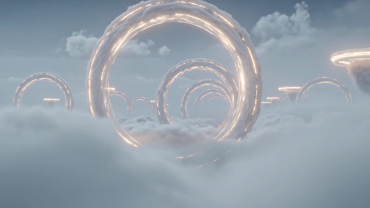 Advancing viewpoint revealing huge glowing ring above clouds, revealing receding rings for depth