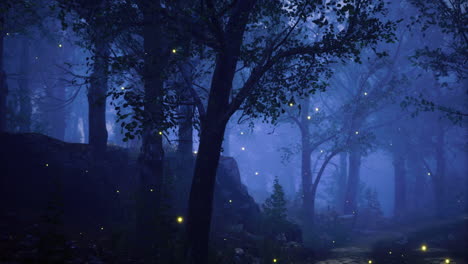 mysterious forest at night with glowing fireflies and fog