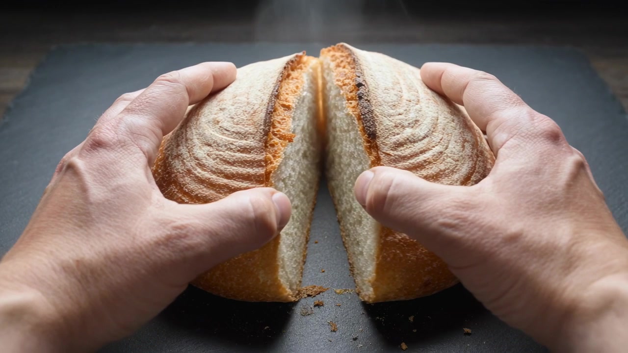 Mani di panettiere che aprono la fessura incisa di una pagnotta artigianale rotonda su un tagliere scuro, rivelando una mollica ariosa