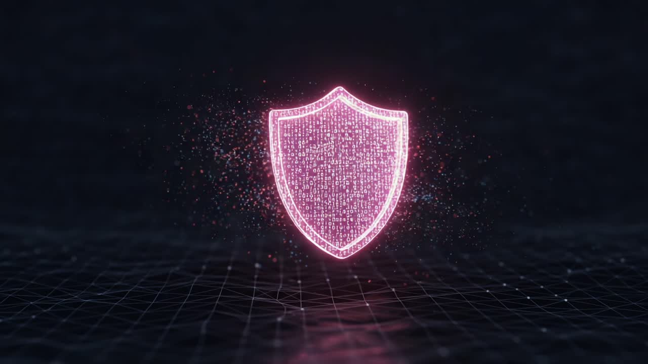 A Vibrant Digital Shield: A Stunning Representation of Cybersecurity with Sparkling Binary Effects Against a Dark Background