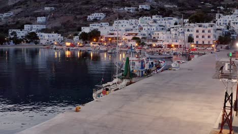 The-Port-Of-AEGIALI-Village-In-The-Evening,-Greece,-Aerial,-Romantic-View