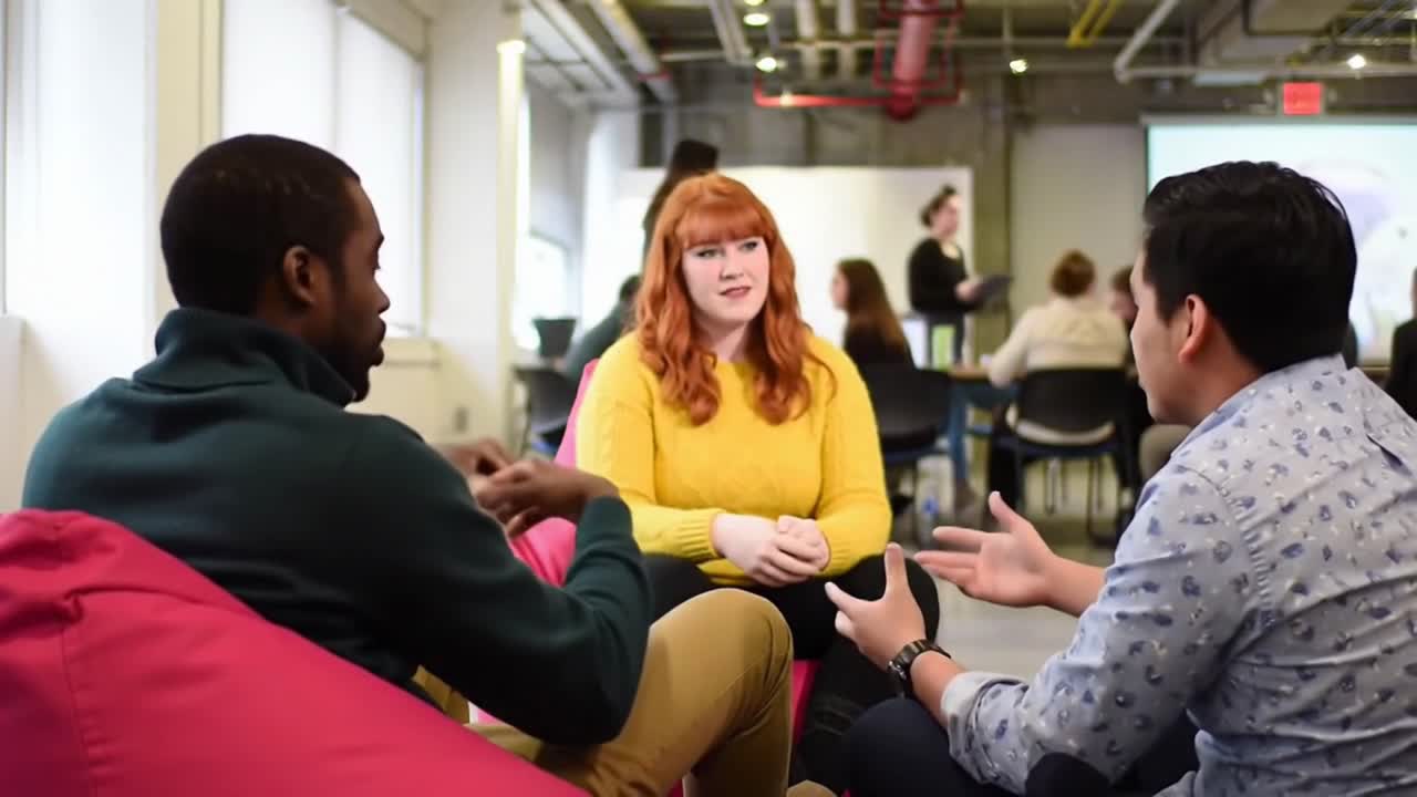 Three diverse young professionals engage in a lively discussion, brainstorming ideas