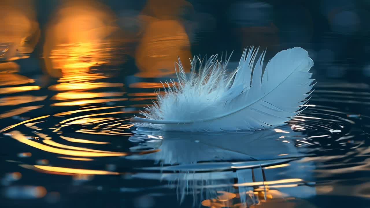 A feather is floating on the surface of a body of water. The water is calm and the reflection of the feather is visible. Concept of tranquility and peacefulness