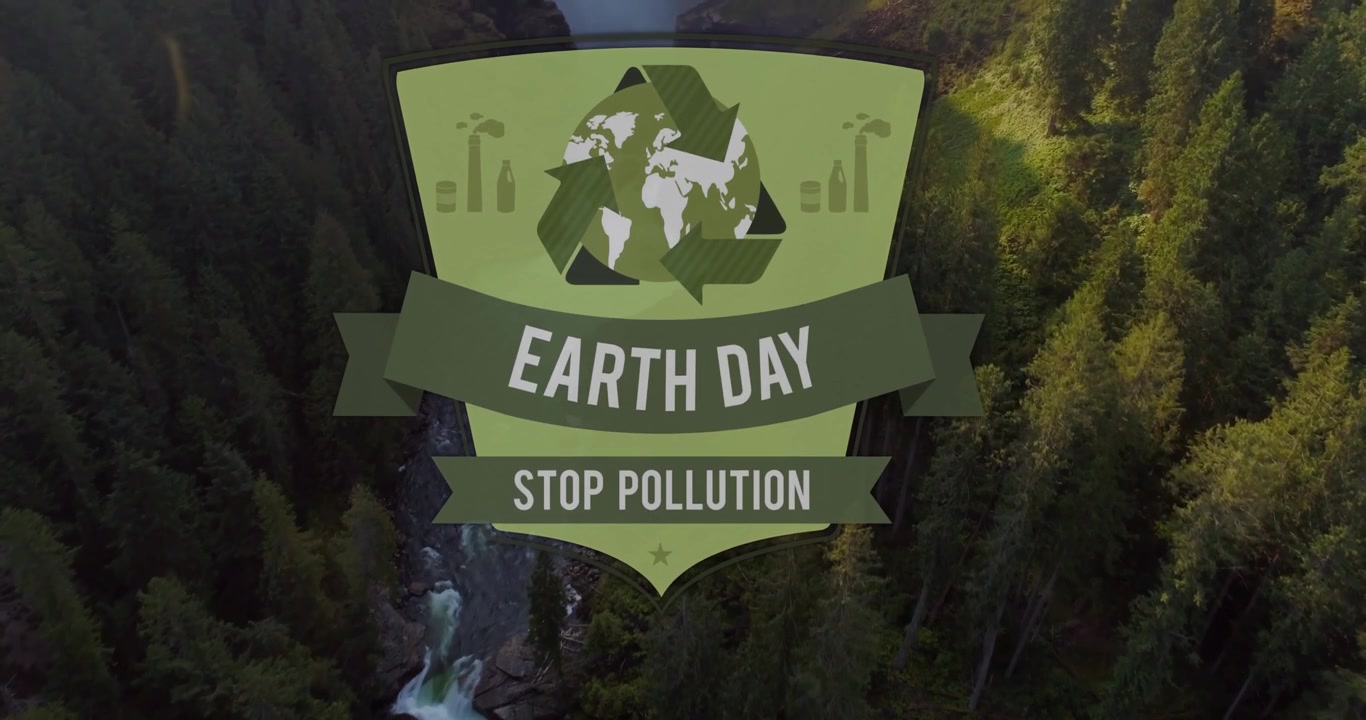 Earth Day Stop Pollution Graphic Over Aerial Forest Waterfall