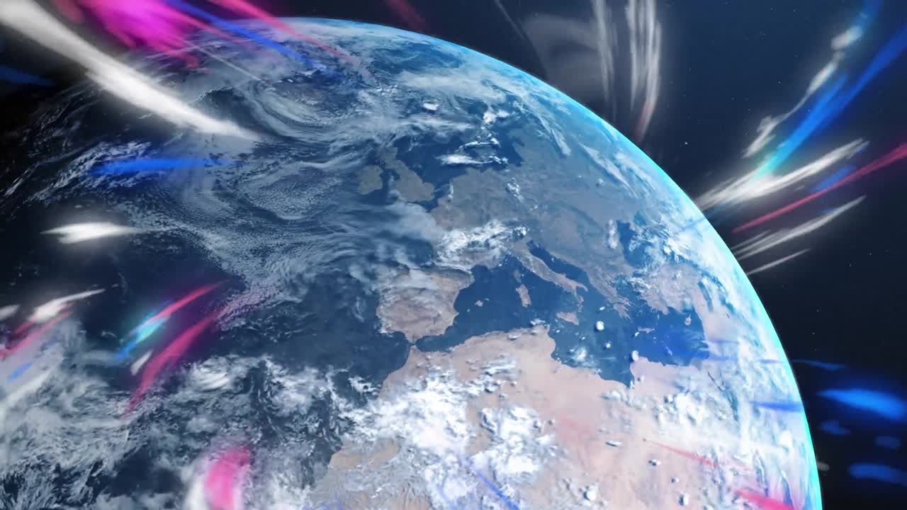 지구 위에 빛나는 빛의 흔적의 애니메이션